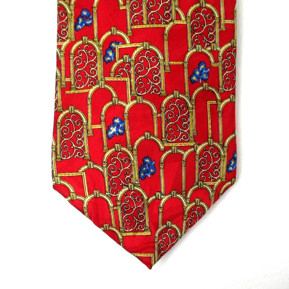 Vtg Tom James Tie Men 60 in Red Silk Designer Stained Glass Forget Me Not Print